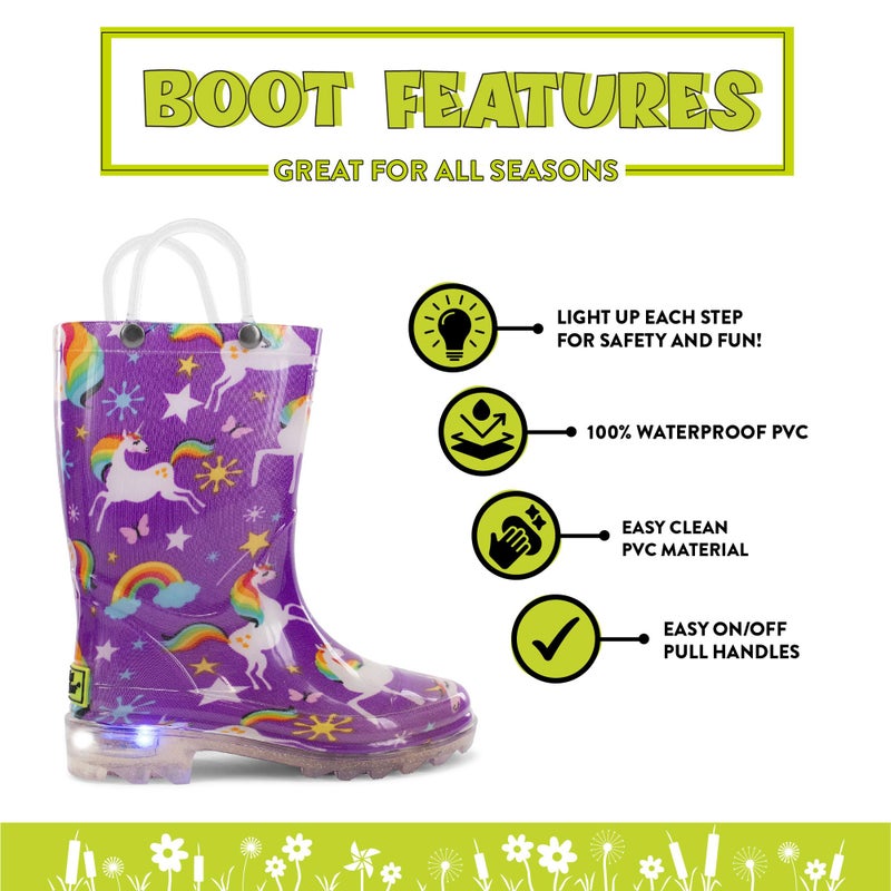 Western Chief Kids Waterproof Light Up Rain Boots With Handles for Easy On and Off for Boys and Girls, Rainbow Unicorn, Purple, 9 M US Toddler - Image 2